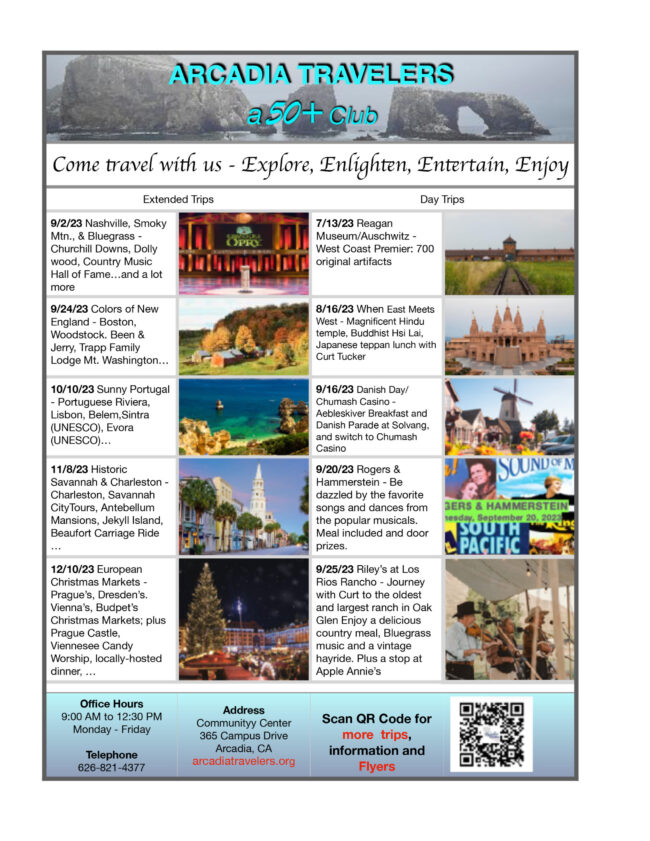 Arcadia Travelers schedule of trips for 2023