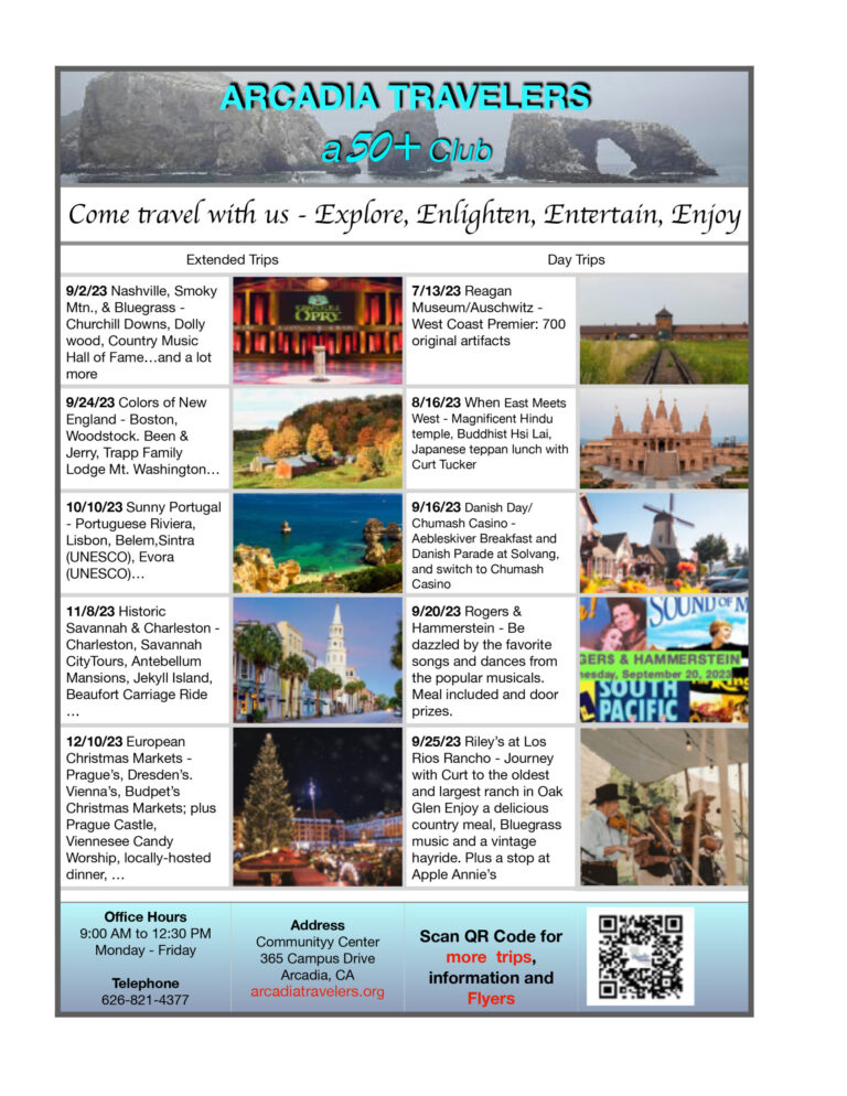 Arcadia Travelers schedule of trips for 2023