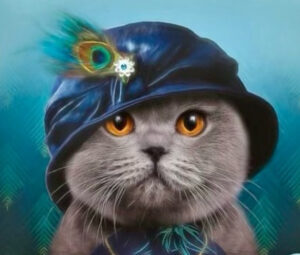 a gray cat in a blue hat with a peacock feather