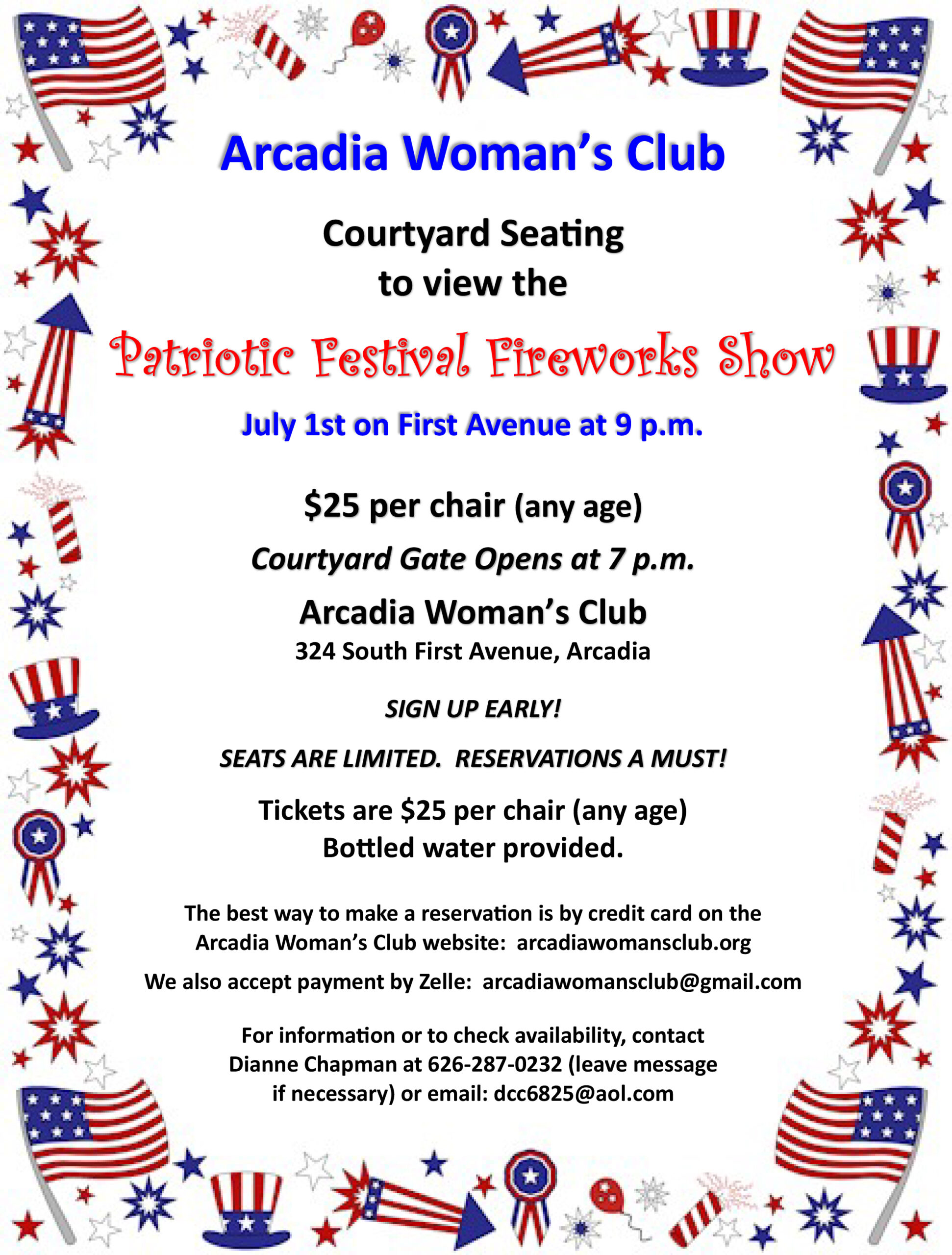 Arcadia Woman's Club fireworks seating available flyer 