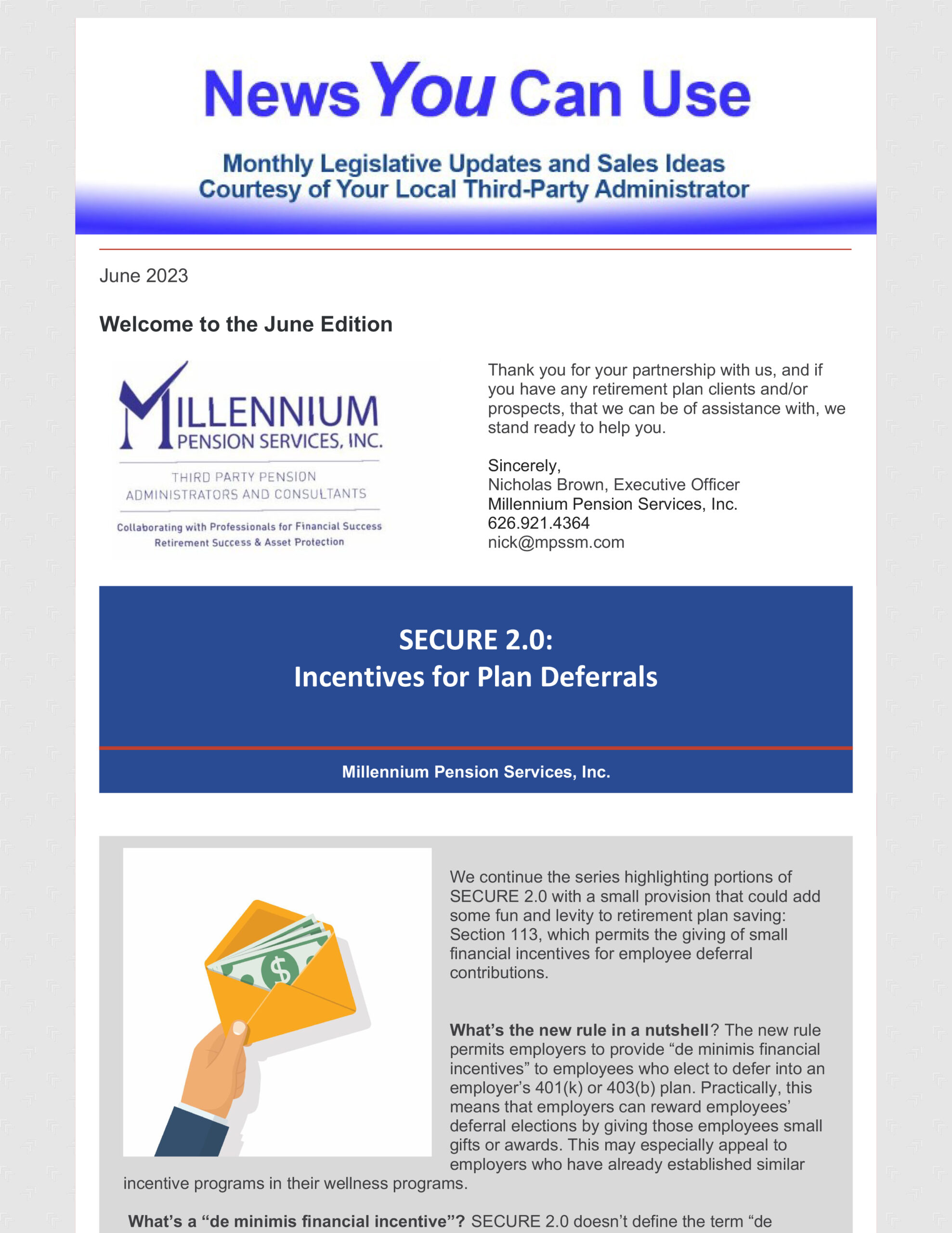 June 2023 newsletter for  Millennium Pension Services 