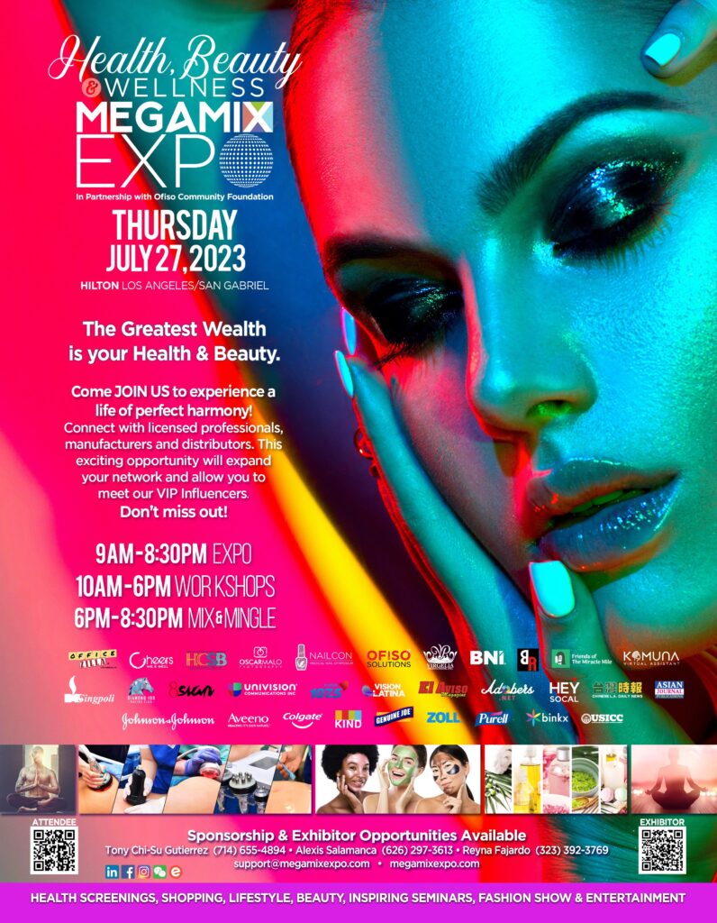 Mega Mix Expo Health and Beauty flyer showing a woman's face with makeup on