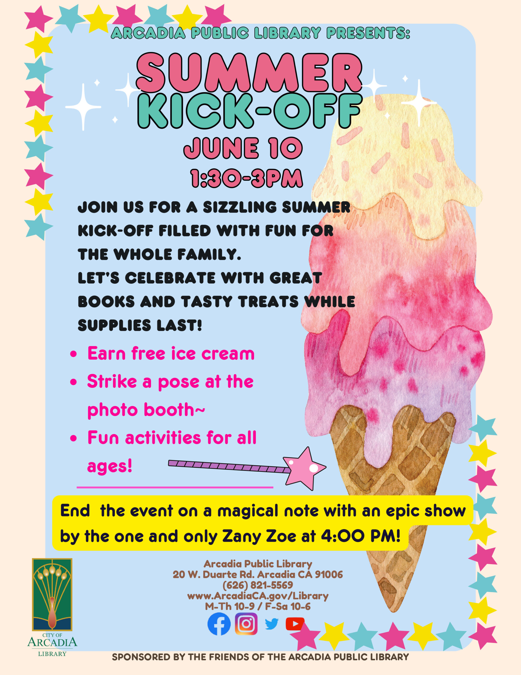 Arcadia Public Library Summer Kick Off event flyer