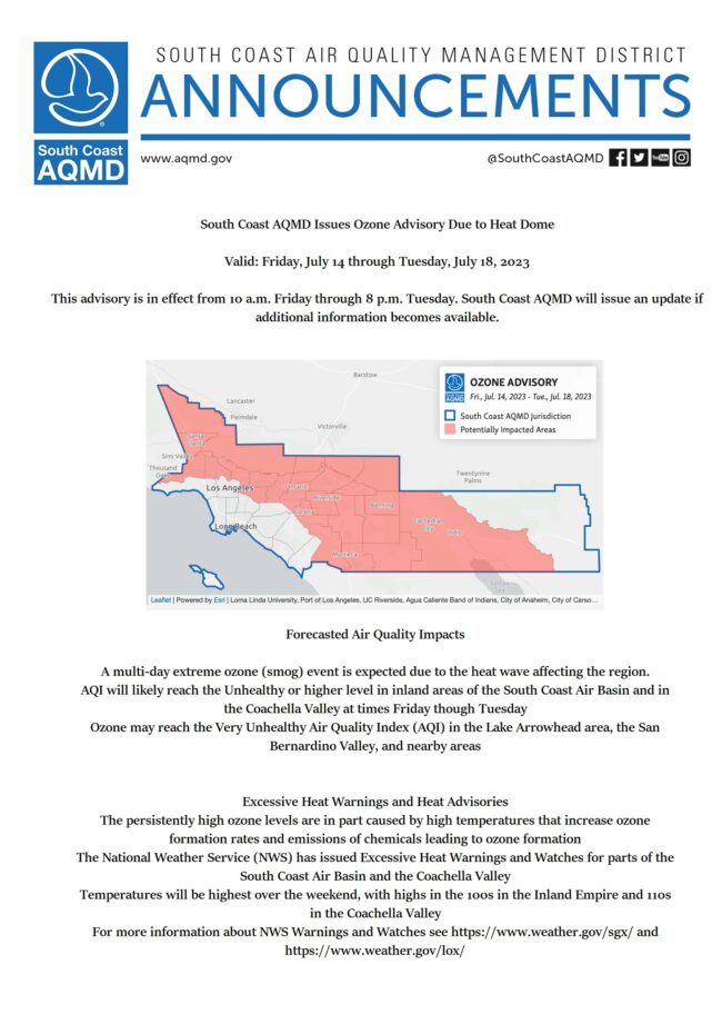 AQMD heat warning AQMD excessive heat announcement
