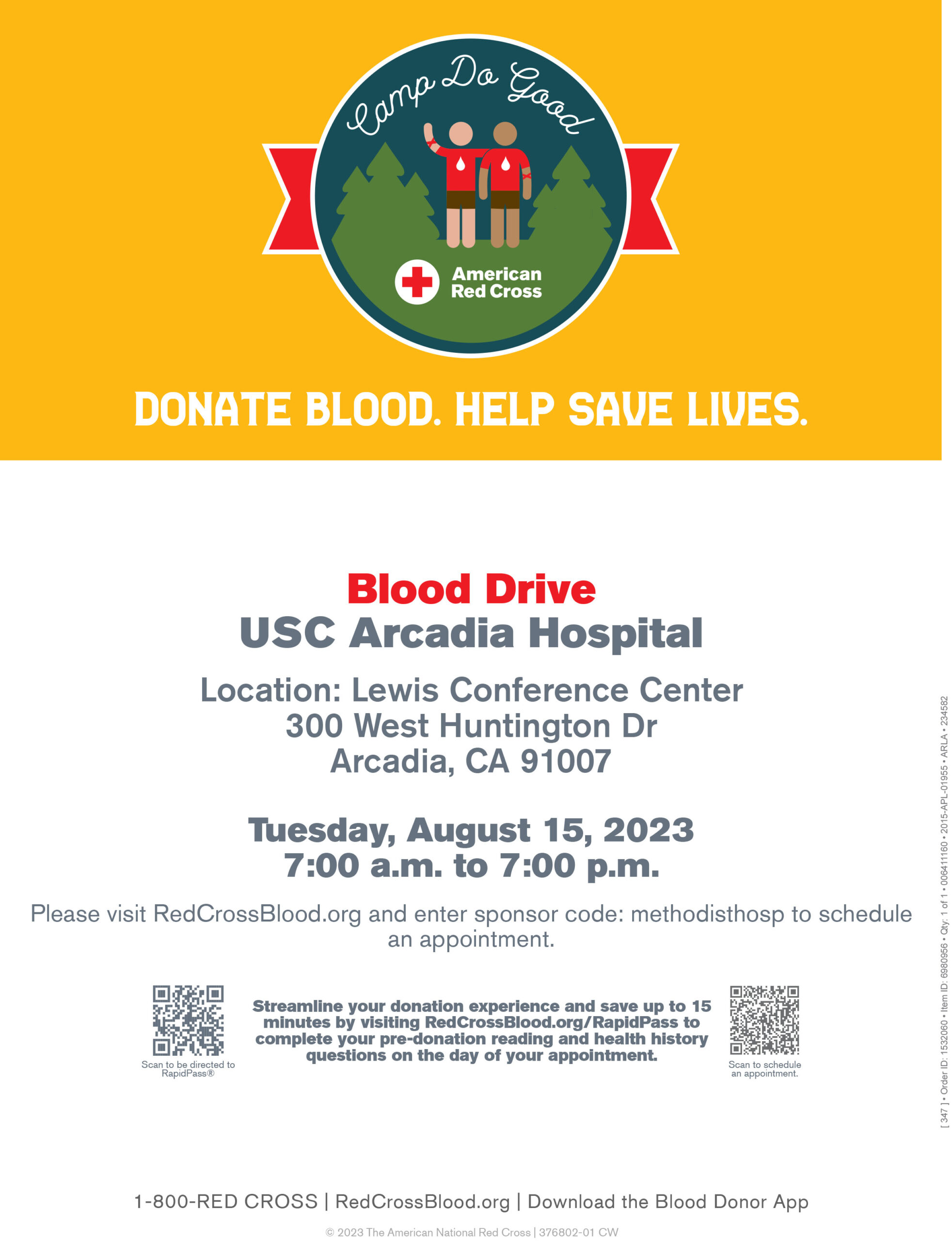 USC Arcadia Hospital Blood Drive for August 15