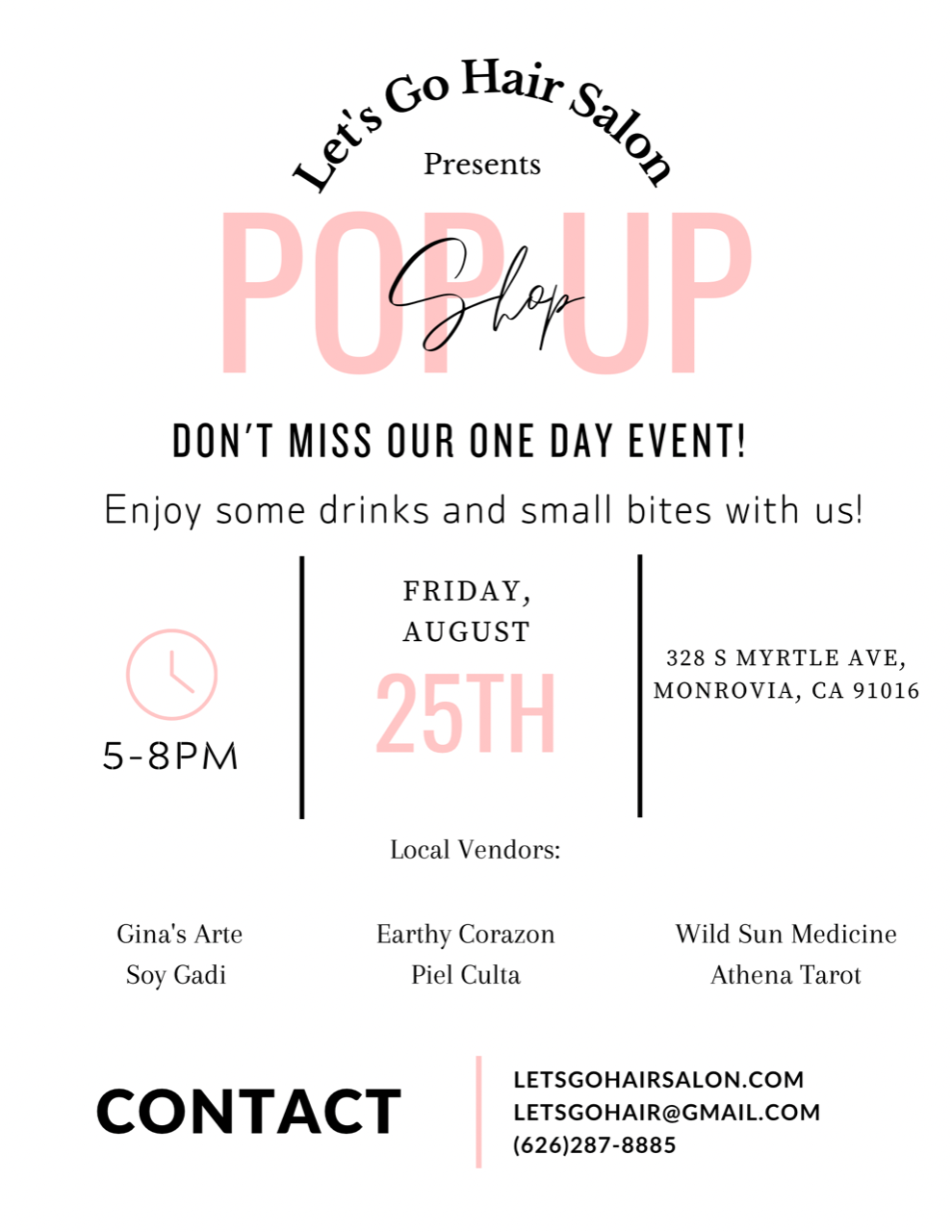 Pop Up event for Let's Go Hair Salon on Friday, August 25
