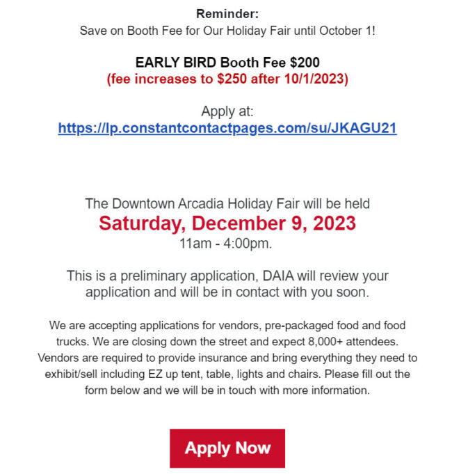 Downtown Arcadia holiday fair sign up info