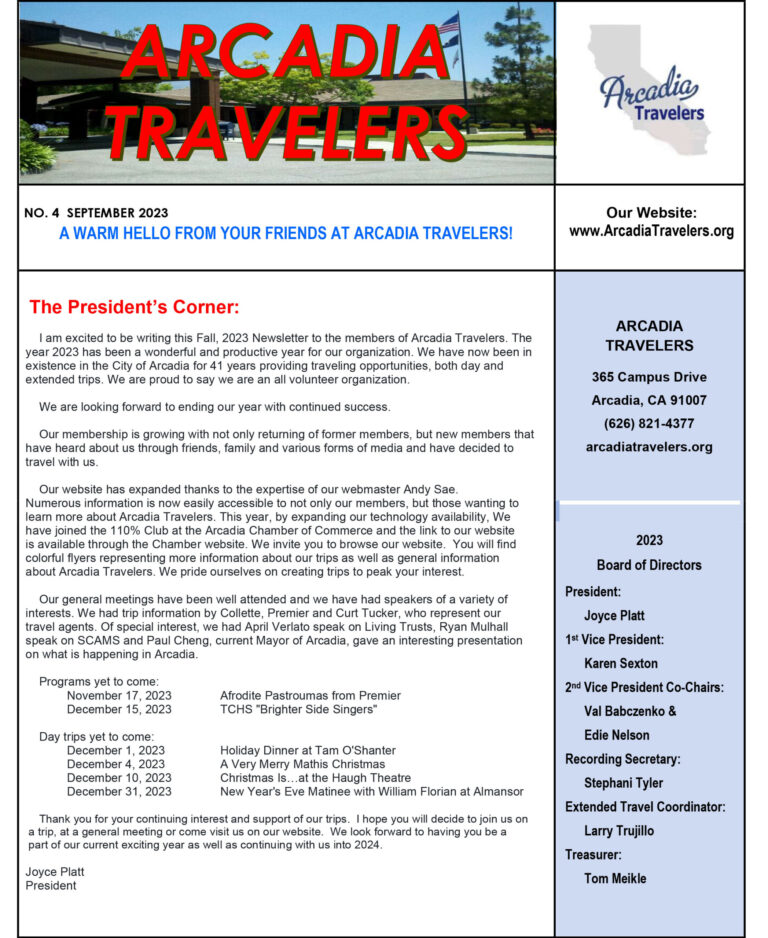 Arcadia Travelers day trips for end of 2023