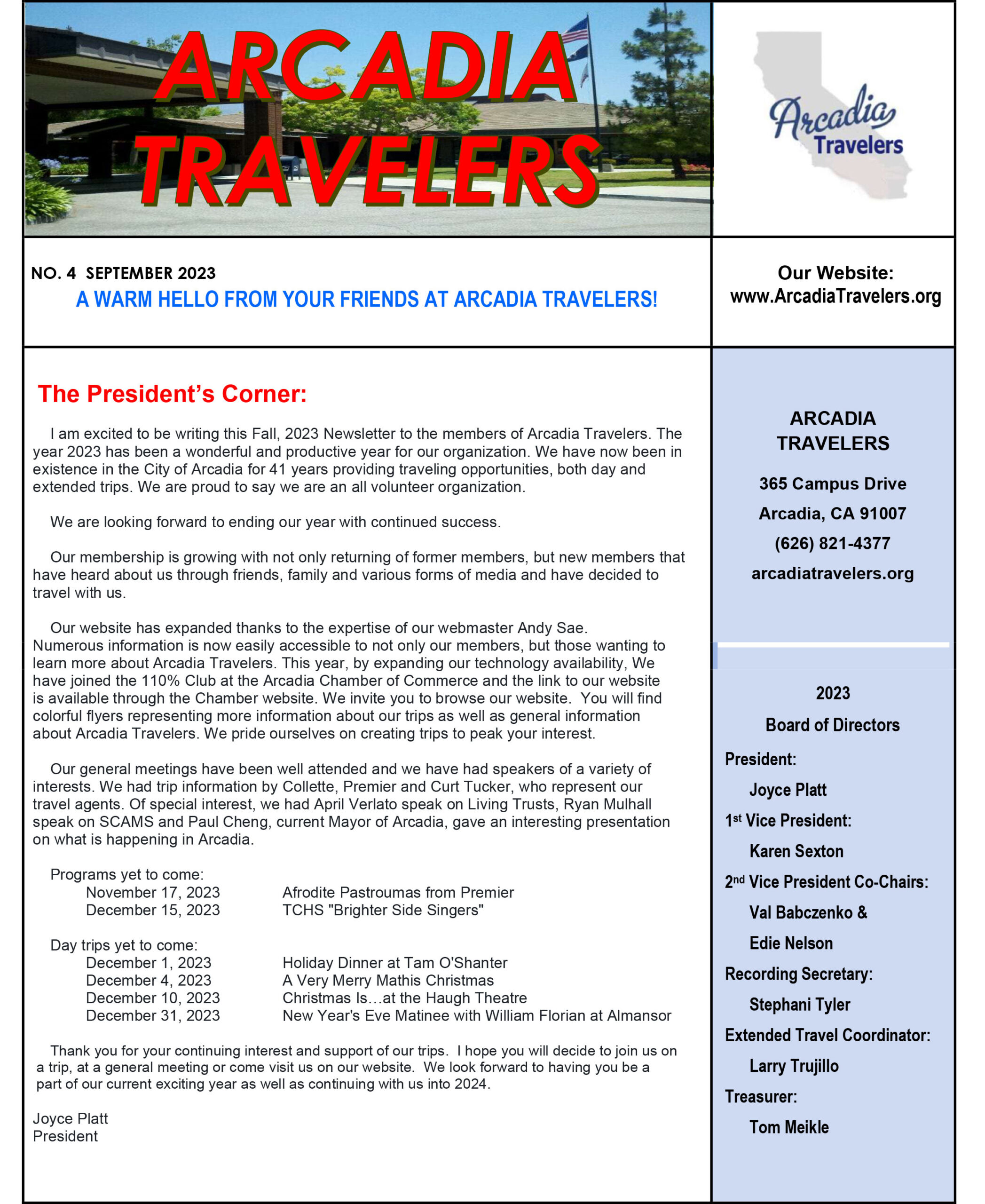 Arcadia Travelers day trips for end of 2023
