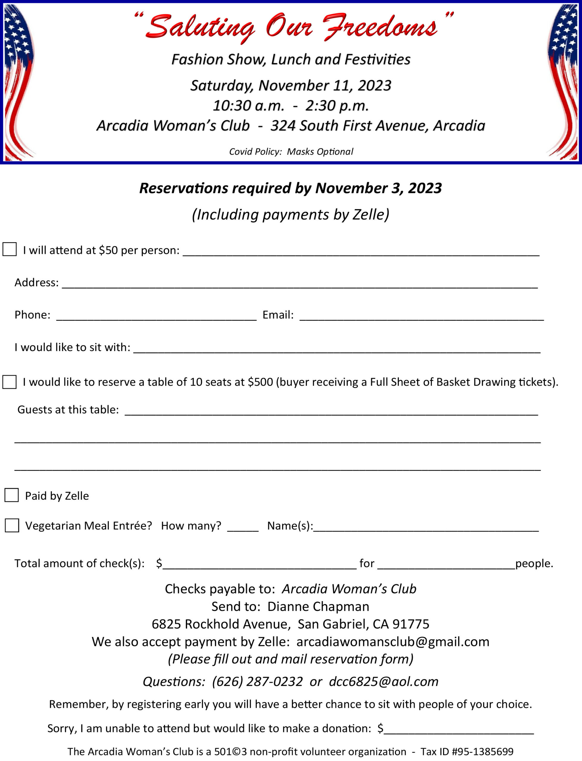 Saluting Our Freedoms Fashion Show with Arcadia Woman's Club sign up form