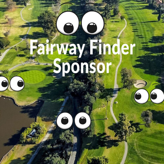 Golf course with Fairway Finder Sponsor written on it with cartoon eye balls looking around.