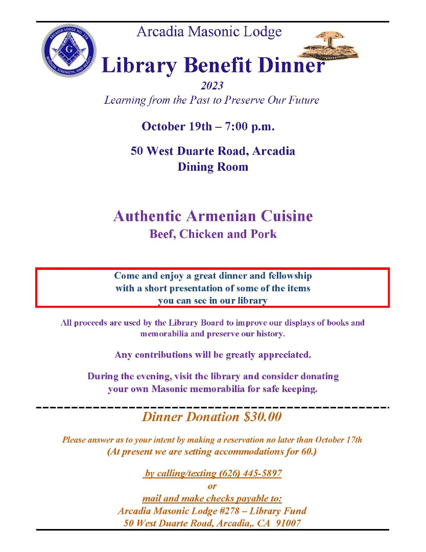 Arcadia Masonic Lodge Library Benefit Dinner - 10.19.23

