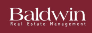 red and white logo for Baldwin Real Estate Management