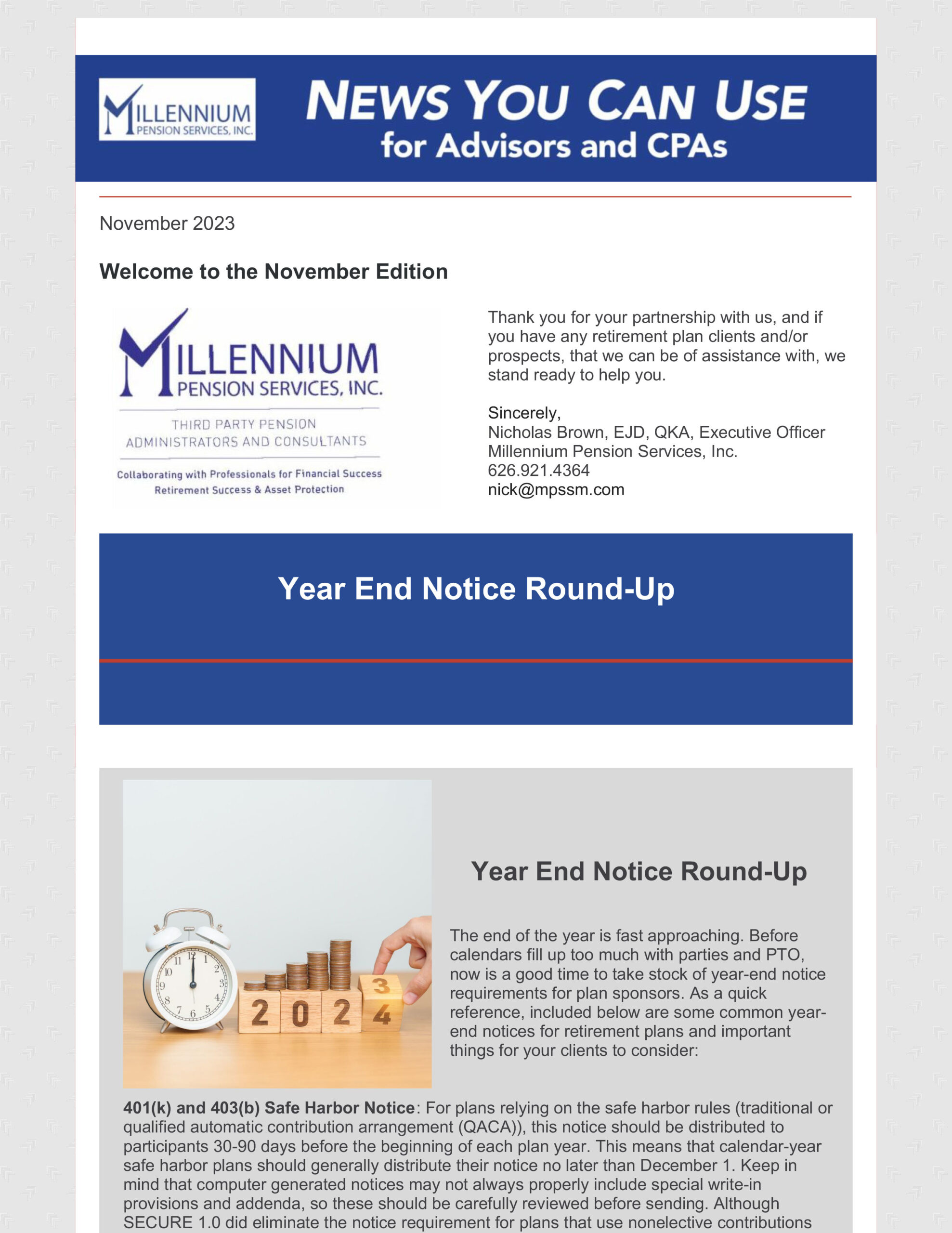 Millennium Pension Services newsletter page 1