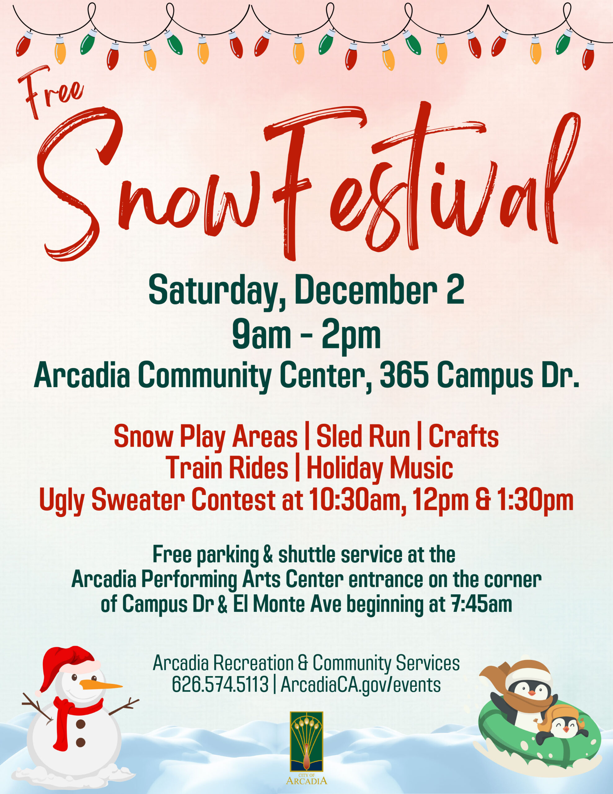 City of Arcadia Snow Festival flyer for December 2, 2023