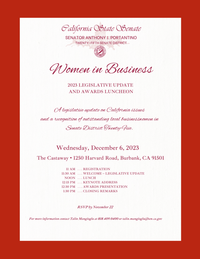 Women in Business invitation Senator Anthony Portantino's Women in Business Awards 2024