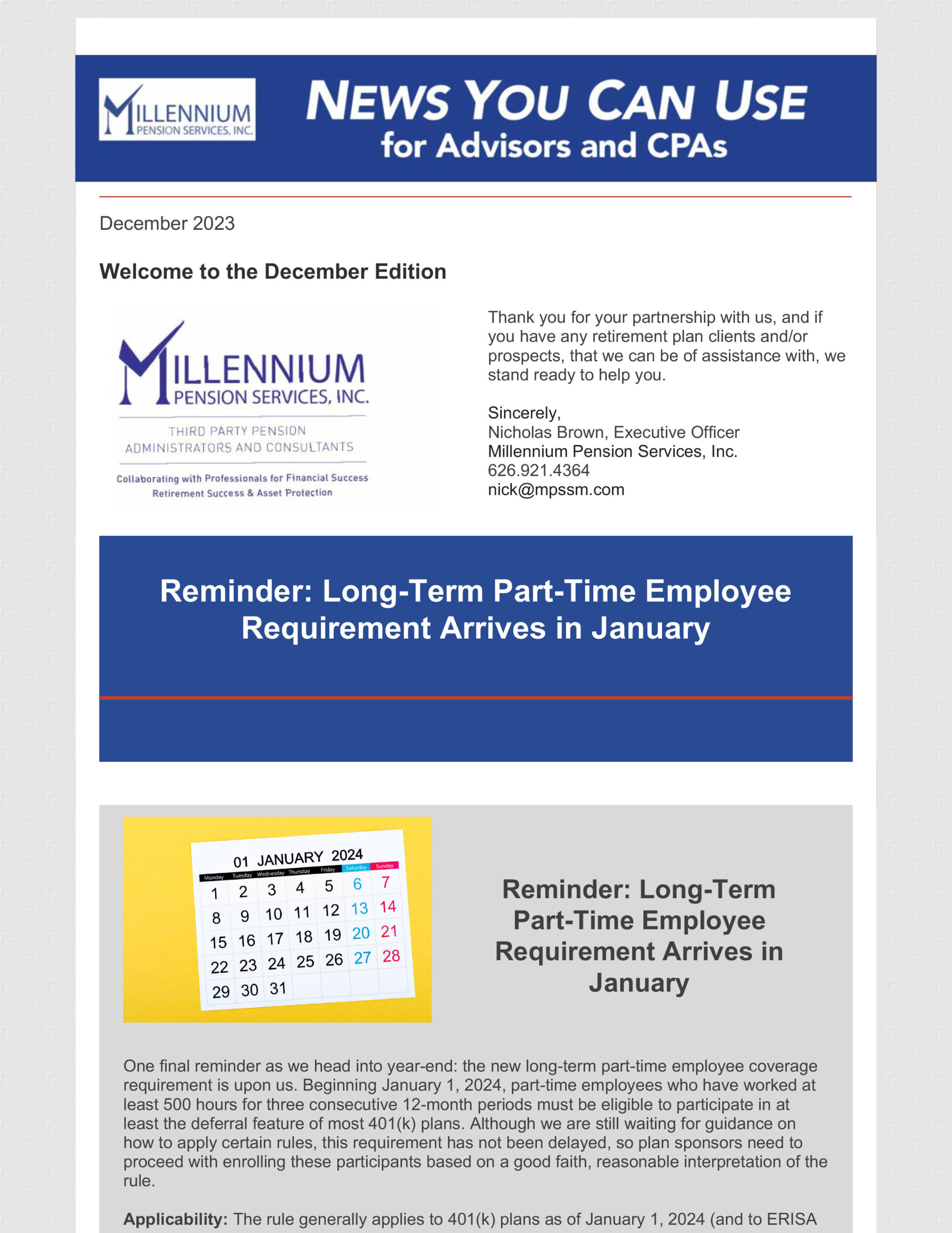 Millennium Pension Services News You Can Use for December pg 1