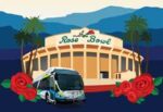 a logo of the Rose Bowl with a Foothill Transit Bus in front of it 