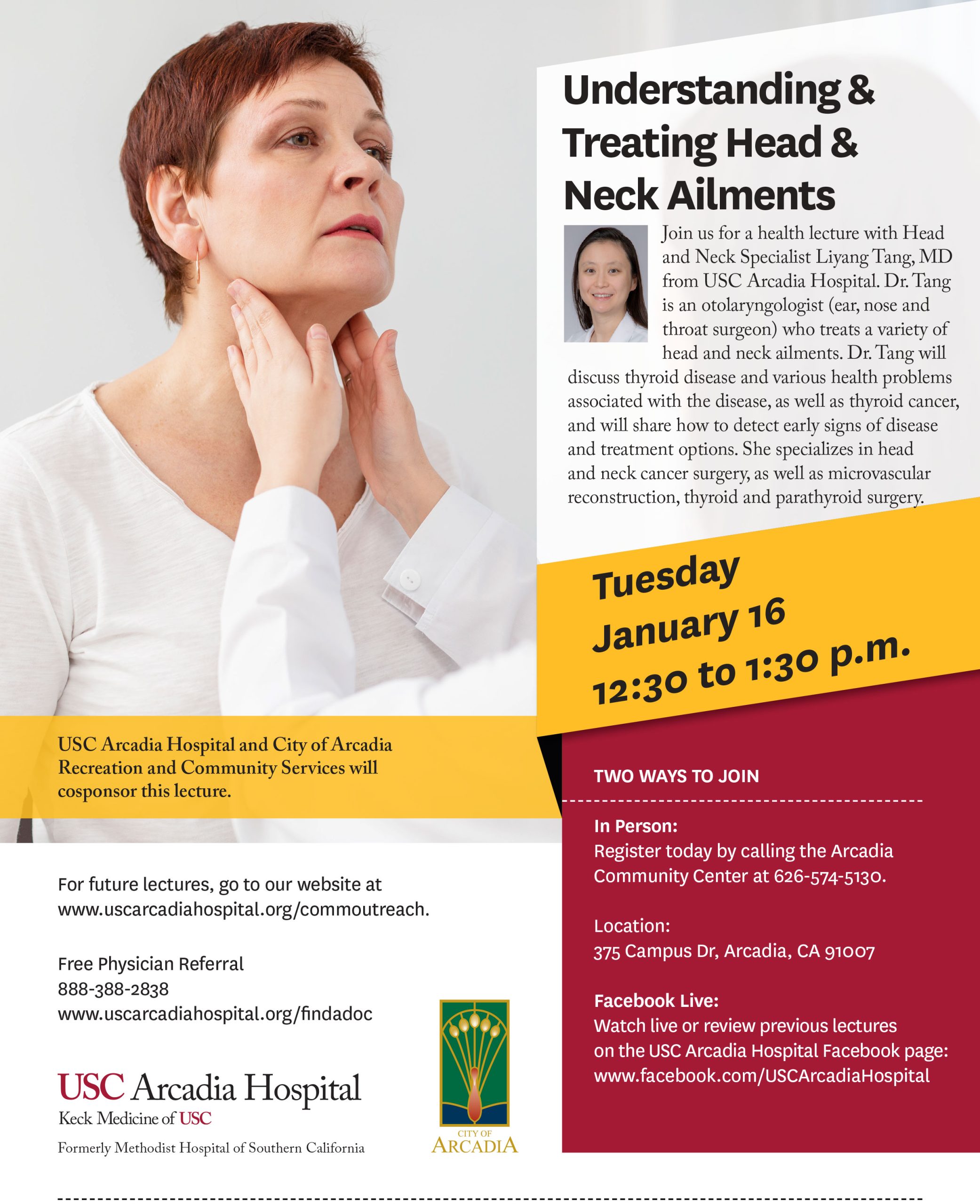 Understanding and Treating Neck and Head Ailments lecture flyer with USC Arcadia Hospital 