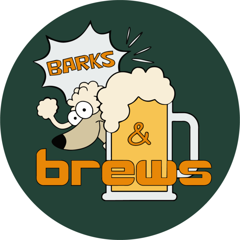 Barks & Brews logo showing dog with beer mug for the LA Arboretum