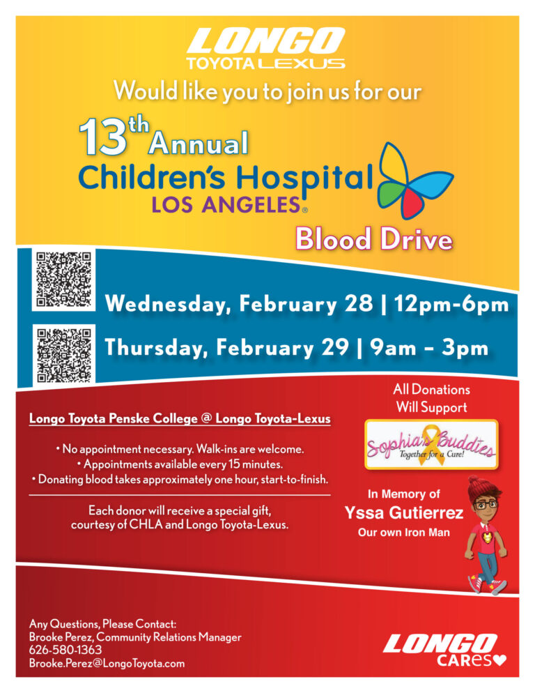 Longo Toyota blood drive flyer for Children's Hospital LA