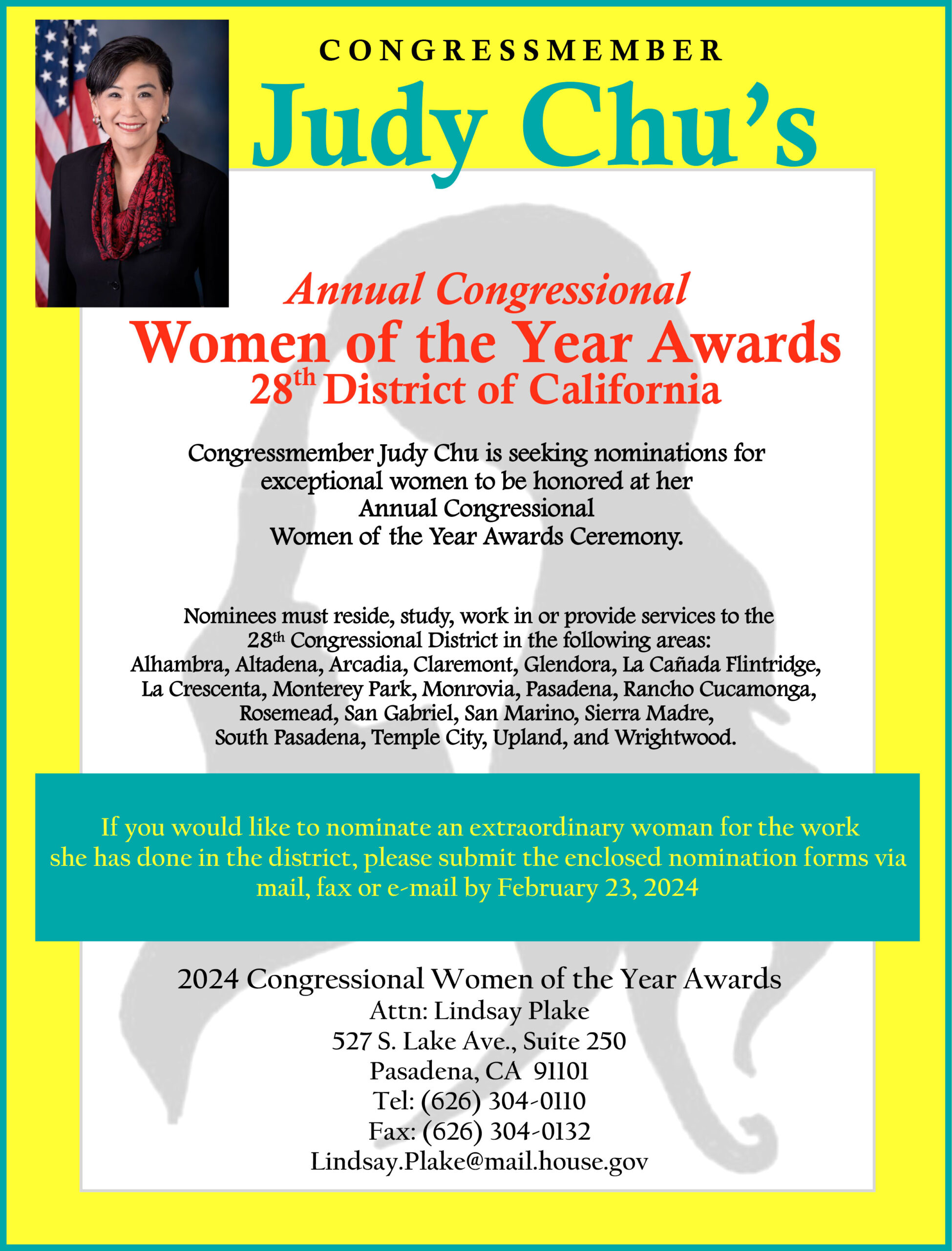 Congresswoman Judy Chu Women of the Year Awards nomination form for 2024