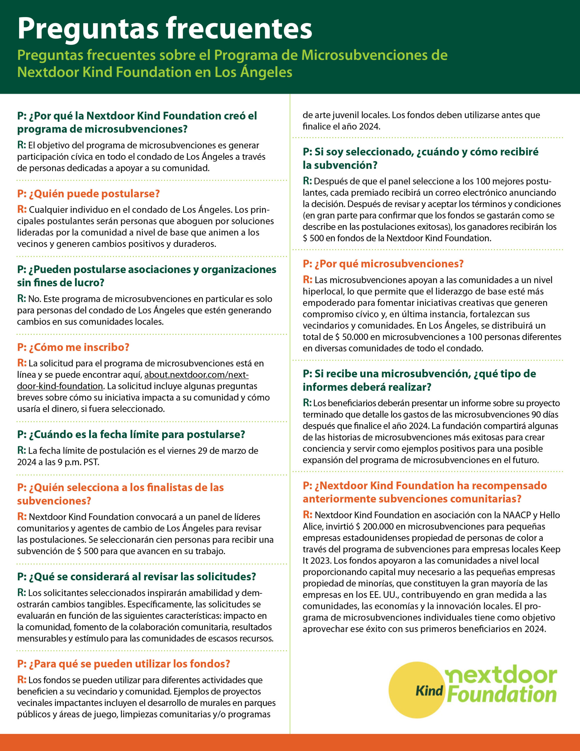 La County Nextdoor Foundation micro grant frequently asked questions in Spanish 