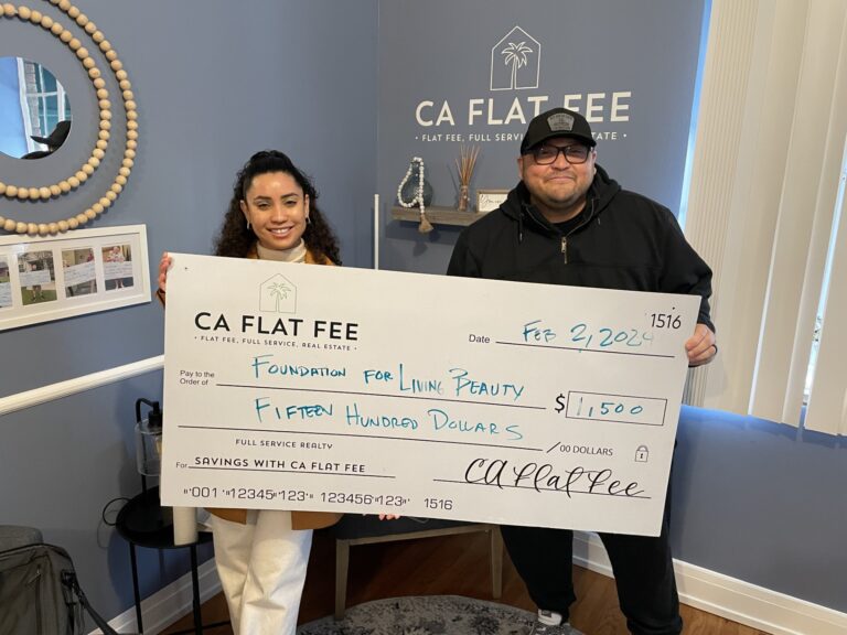 Jonathan Rodriguez of CA Flat Fee and Ariana Barrett of Foundation for Living Beauty with an oversized check