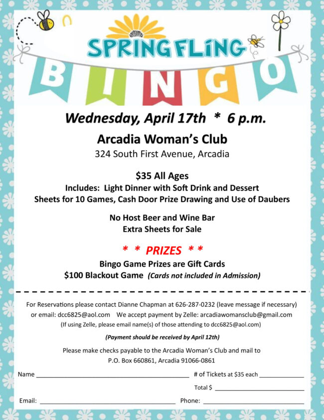 Spring-Fling-Bingo-3-flyer-with-Zelle-note Arcadia Woman's Club Spring Fling Bingo flyer for April 17 of 2024