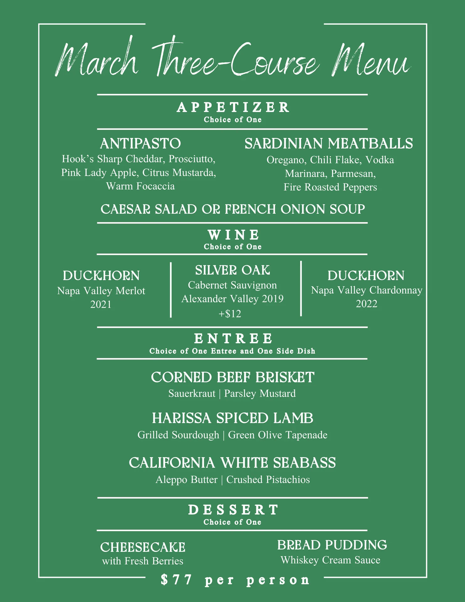 The Derby menu for St Patrick's Day 2024