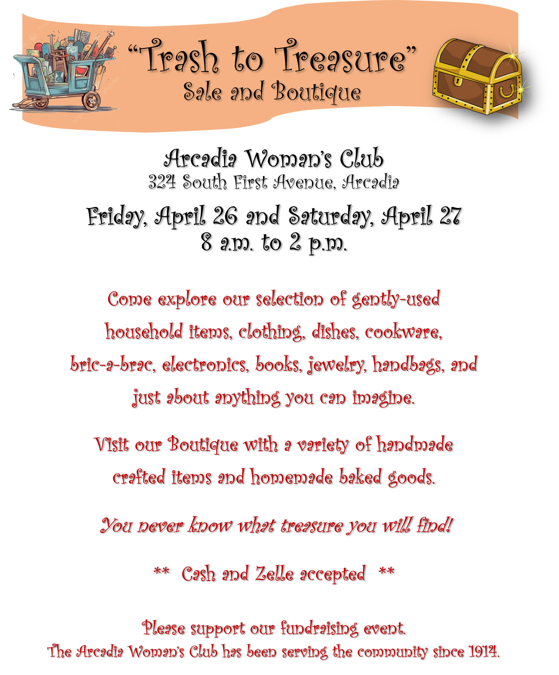 Arcadia Woman's Club Trash to Treasure boutique for April 26 and 27 of 2024