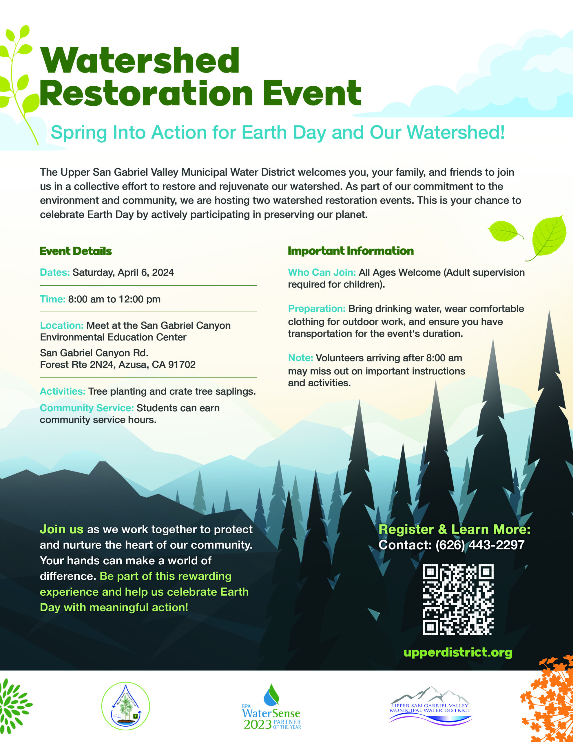 Watershed Restoration Project flyer of information showing treeline and mountains