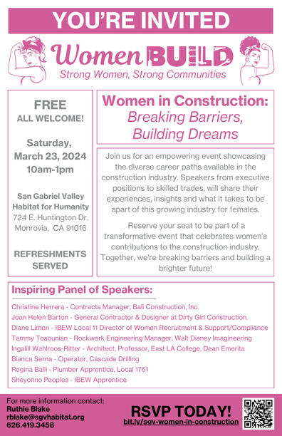 San Gabriel Valley Habitat for Humanity Women Build conference flyer of information 