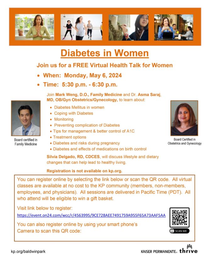 2024-DM-in-Women-(18-49)-VHT-Flyer-ENGLISH flyer of information for Diabetes in Women health talk with USC Arcadia Hospital on May 6th