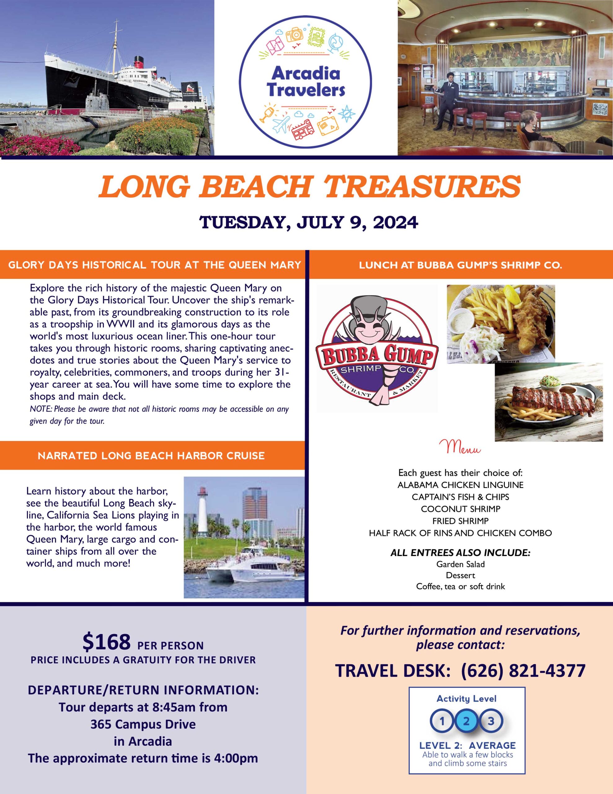 Arcadia Travelers tour flyer for Long Beach on July 9th, 2024
