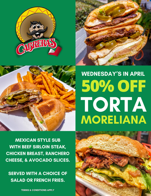 Cabrera's 50% off torta special for April 2024