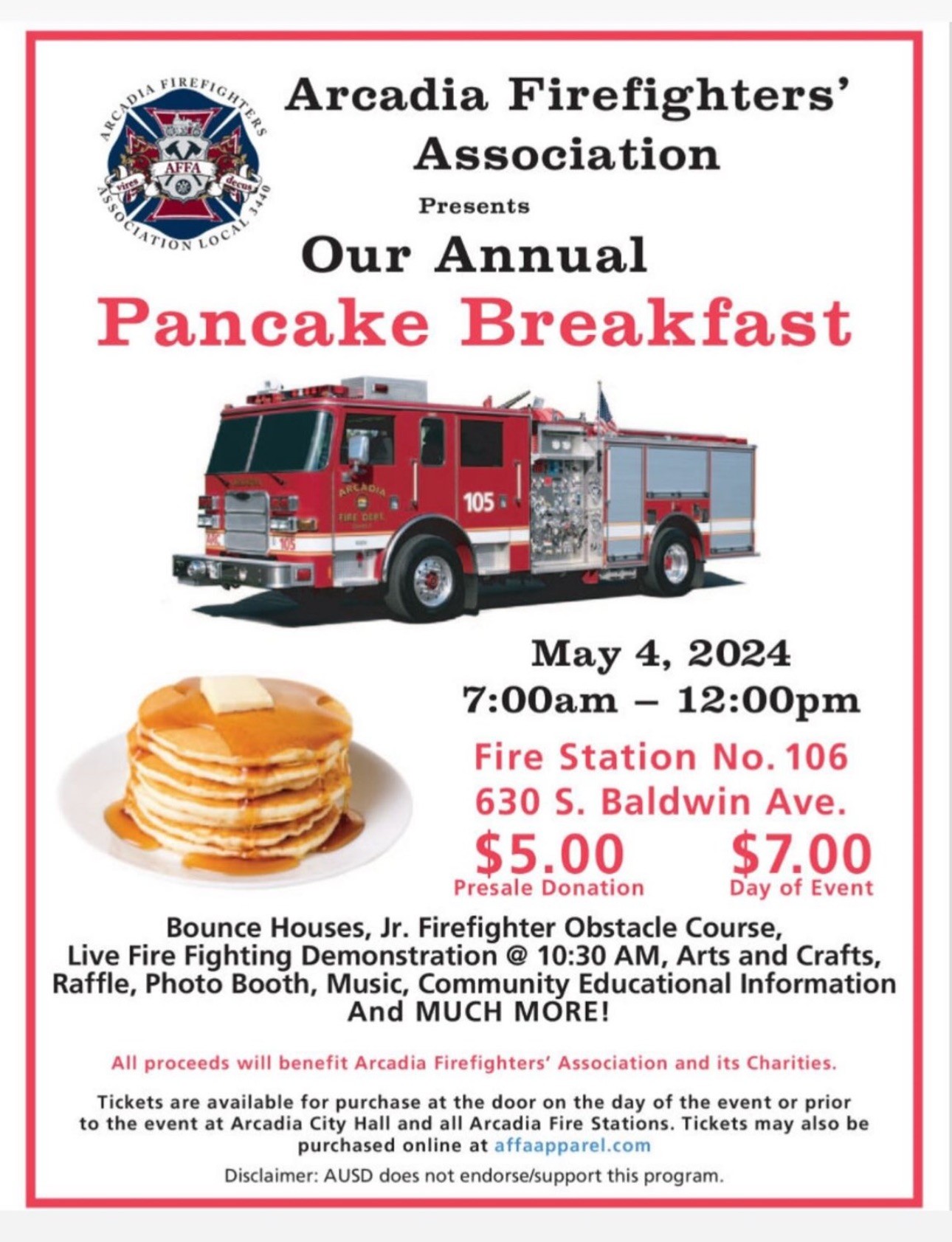 Arcadia Firefighters' Association Annual Pancake Breakfast for 2024