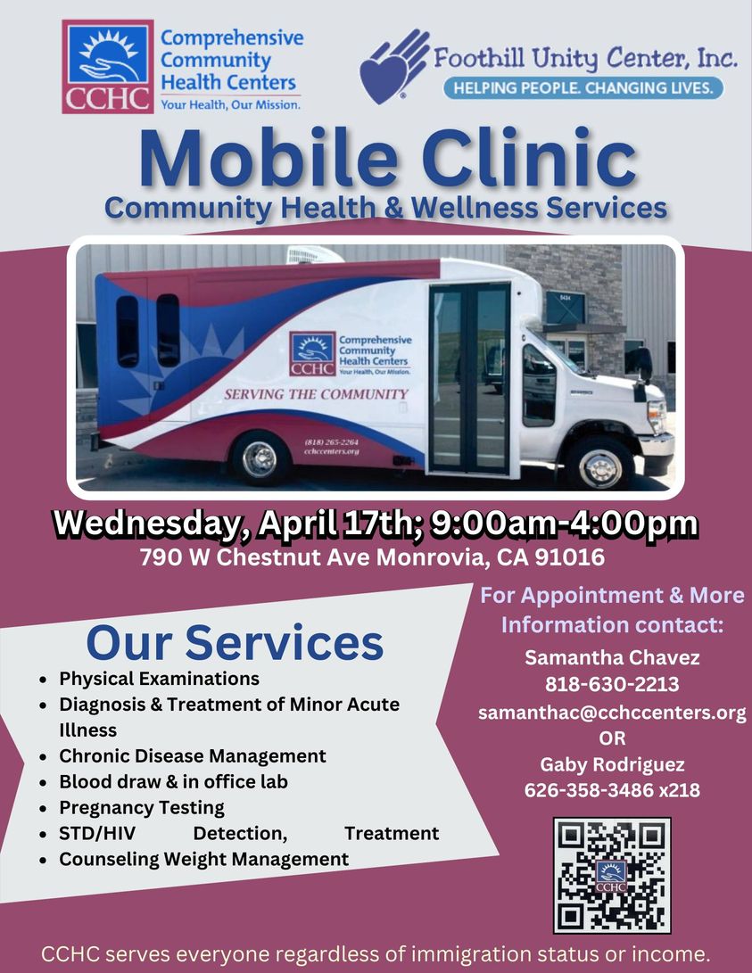 Foothill Unity Center mobile clinic on April 17th 