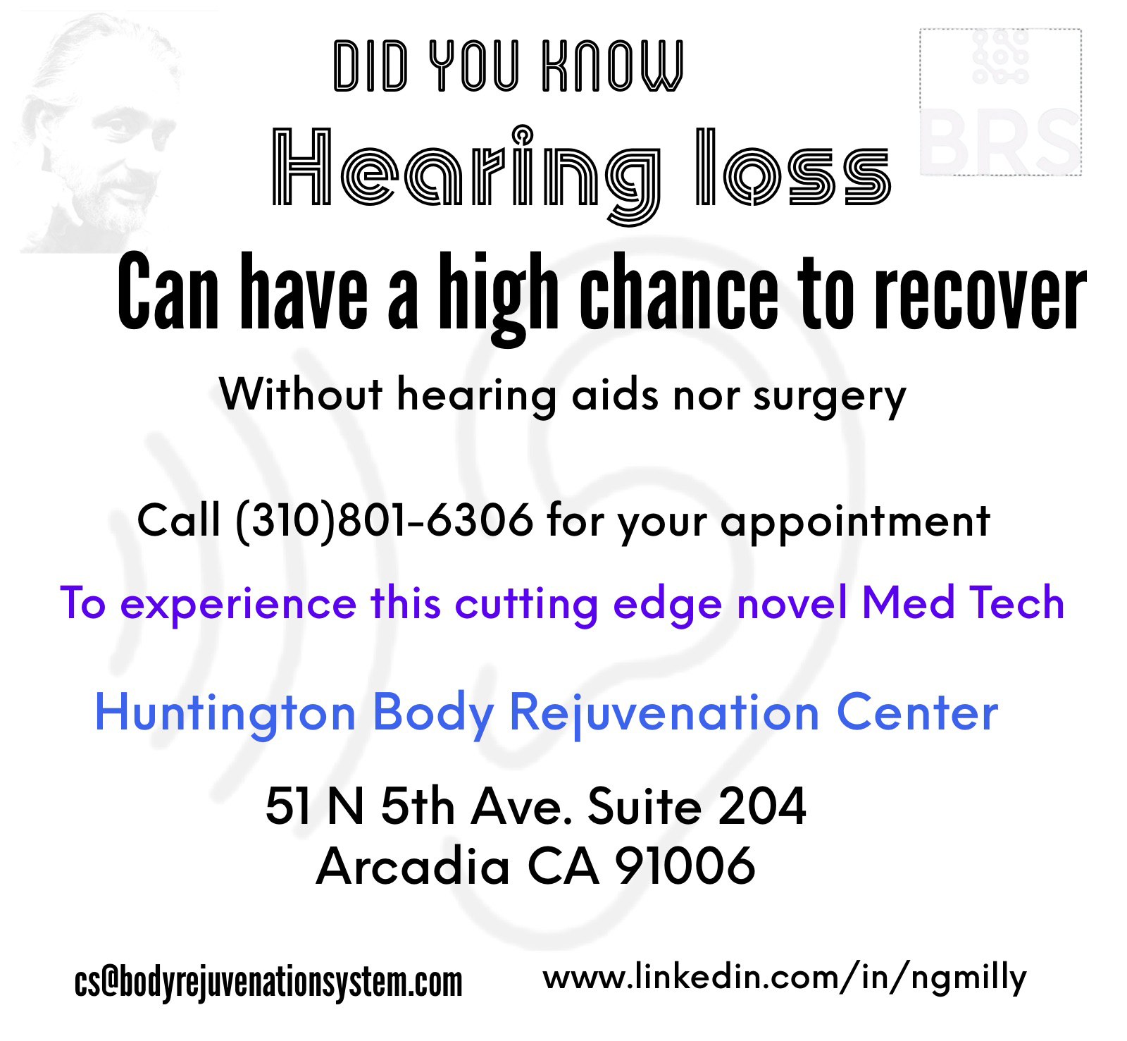 learn how to recover from hearing loss with Huntington Body Rejuvenation flyer 