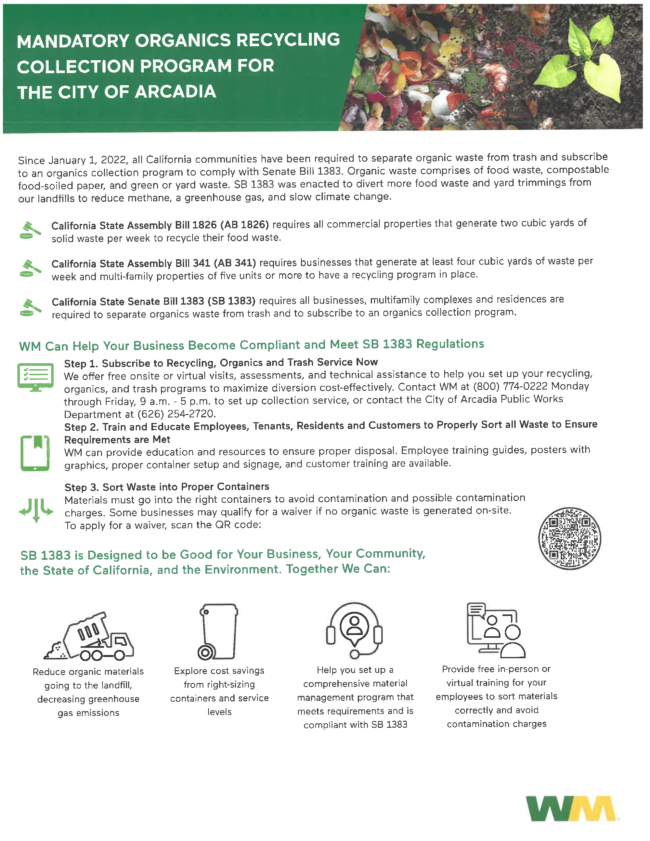 Mandatory Organics Recycling Collection Program information for the City of Arcadia info sheet