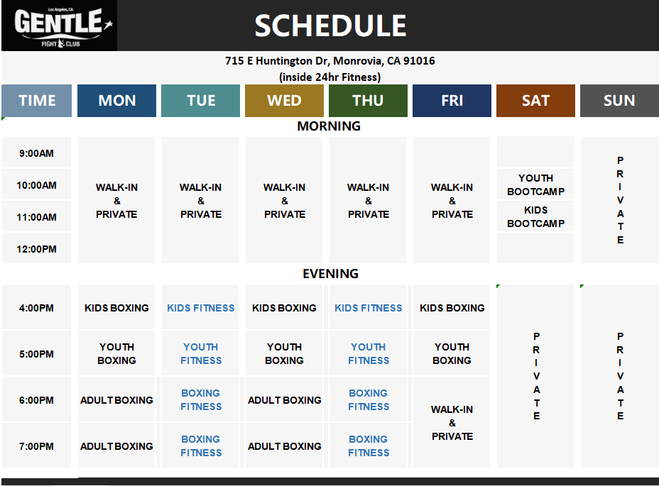 Gentle Fight Club upcoming schedule for gym classes