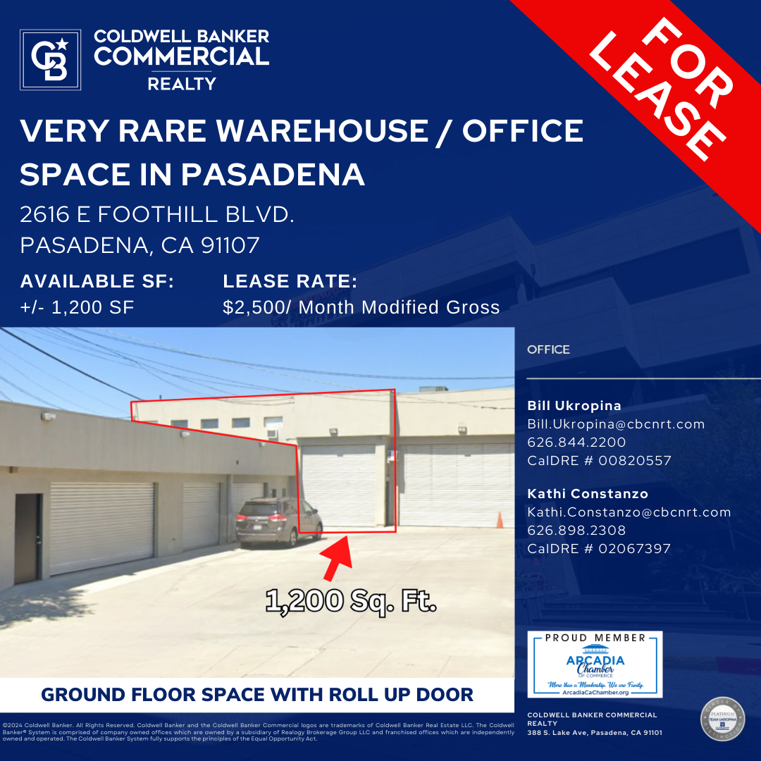 warehouse space for rent flyer of information located at 2616 E Foothill Blvd