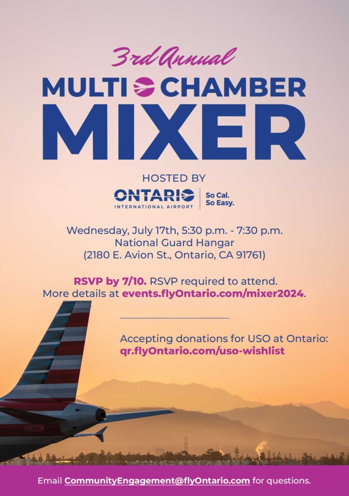 Ontario Airport multi chamber mixer showing an air plane tail against a mountain range 