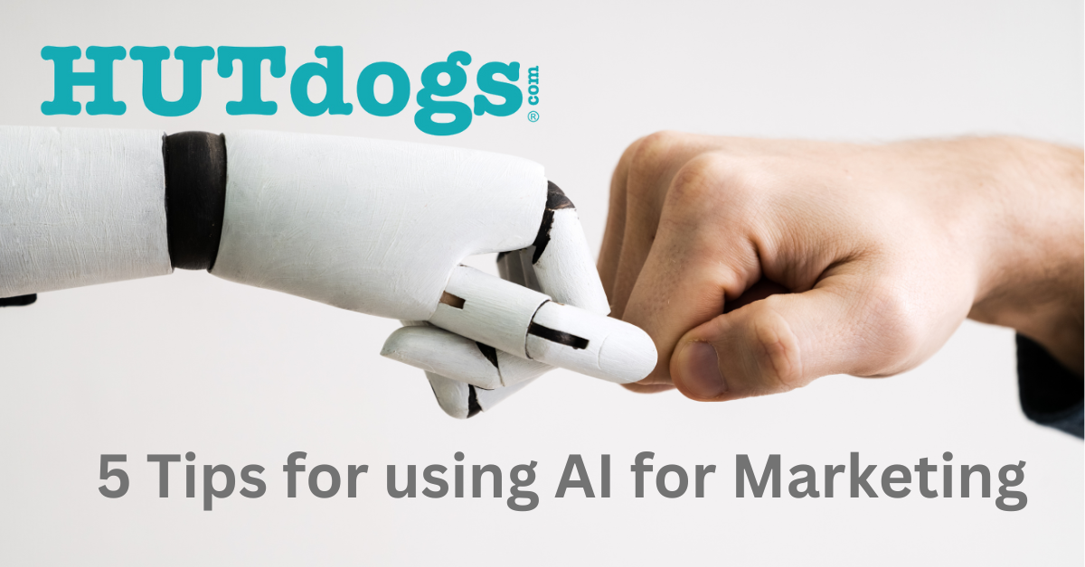 HUTdogs 5 tips for using AI for marketing banner showing robot hand fist bumping human hand