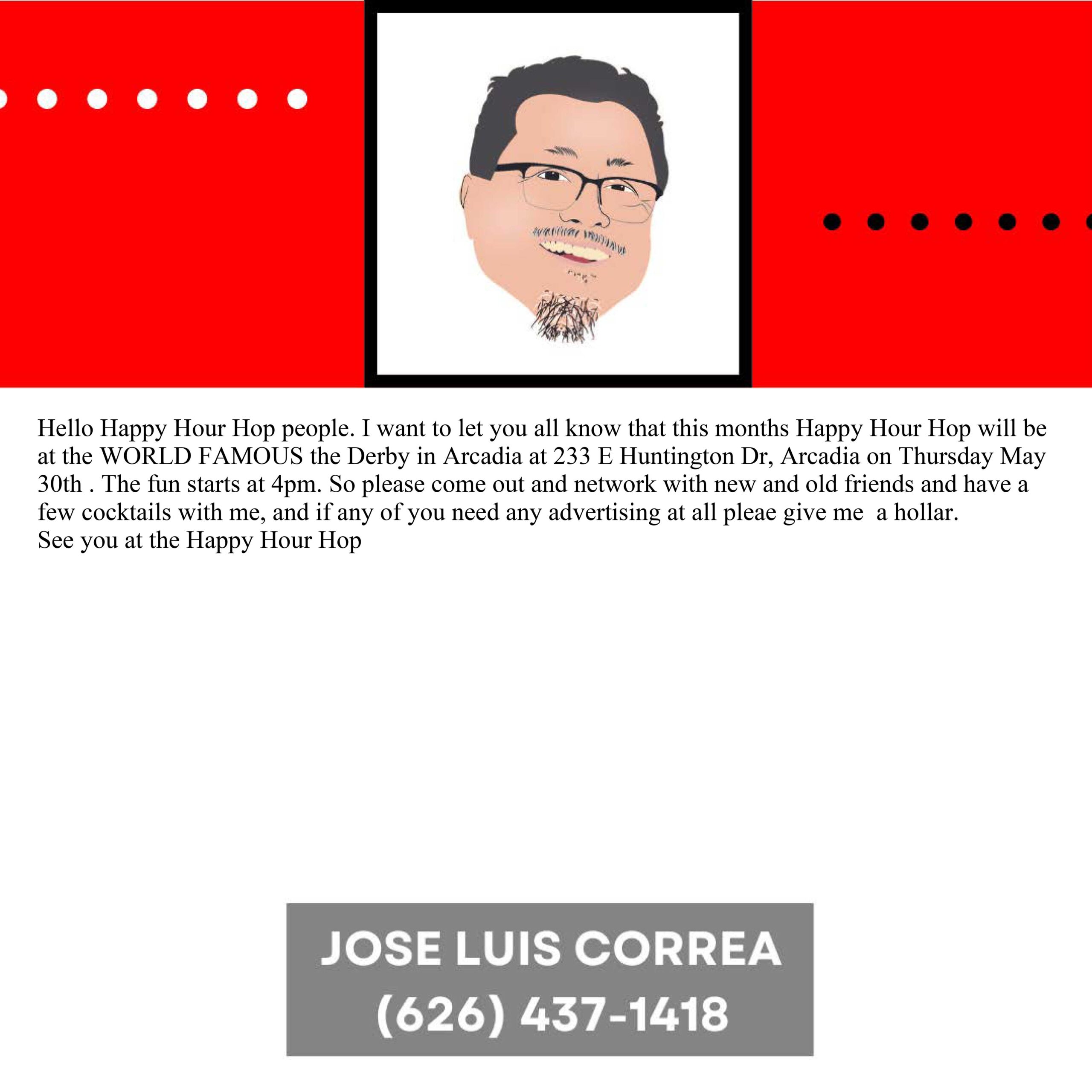Jose Luis Correa ABC Group Happy Hour Hop information flyer for May 