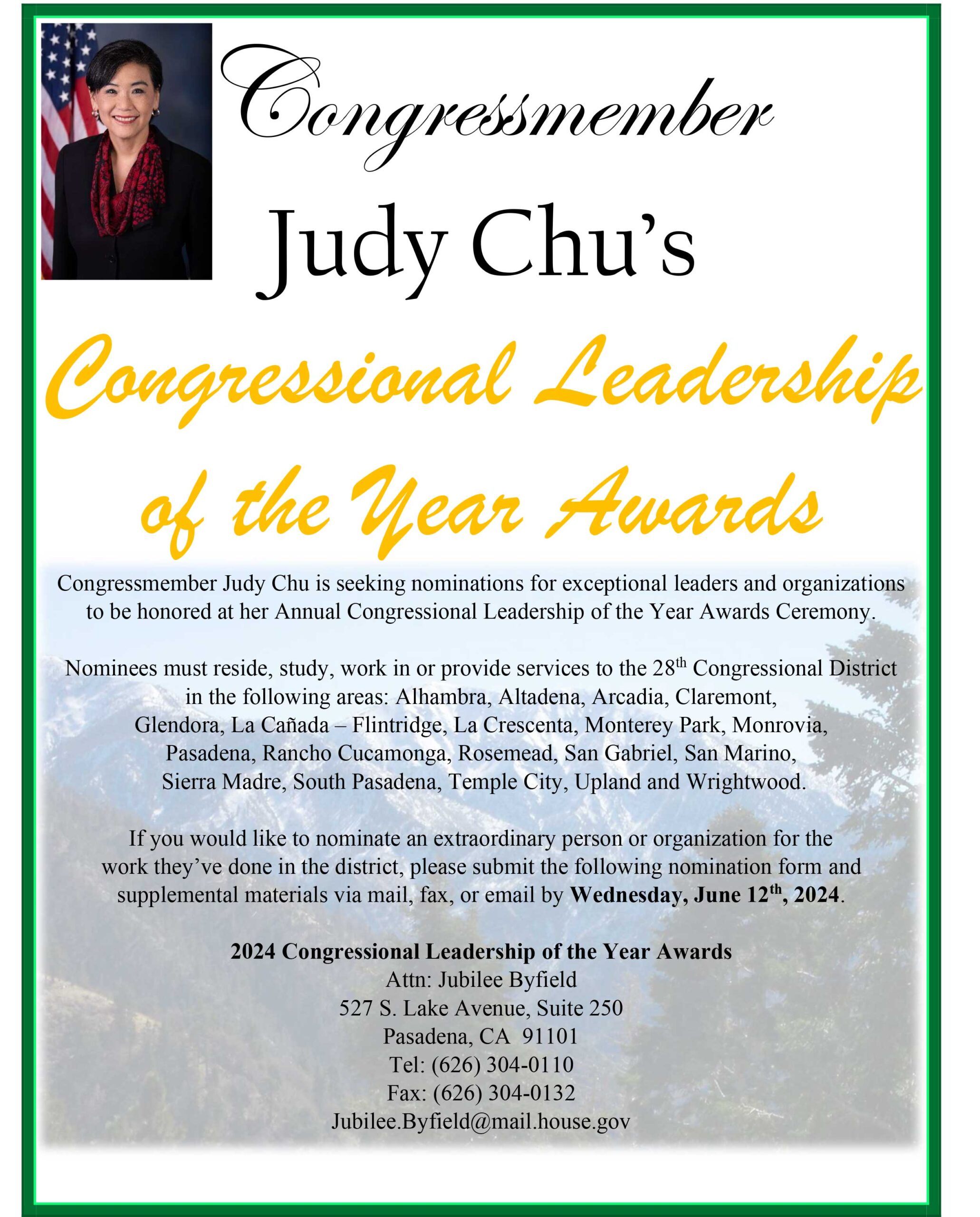 Annual Congressional Leadership Awards Ceremony announcement flyer for Congresswoman Judy Chu