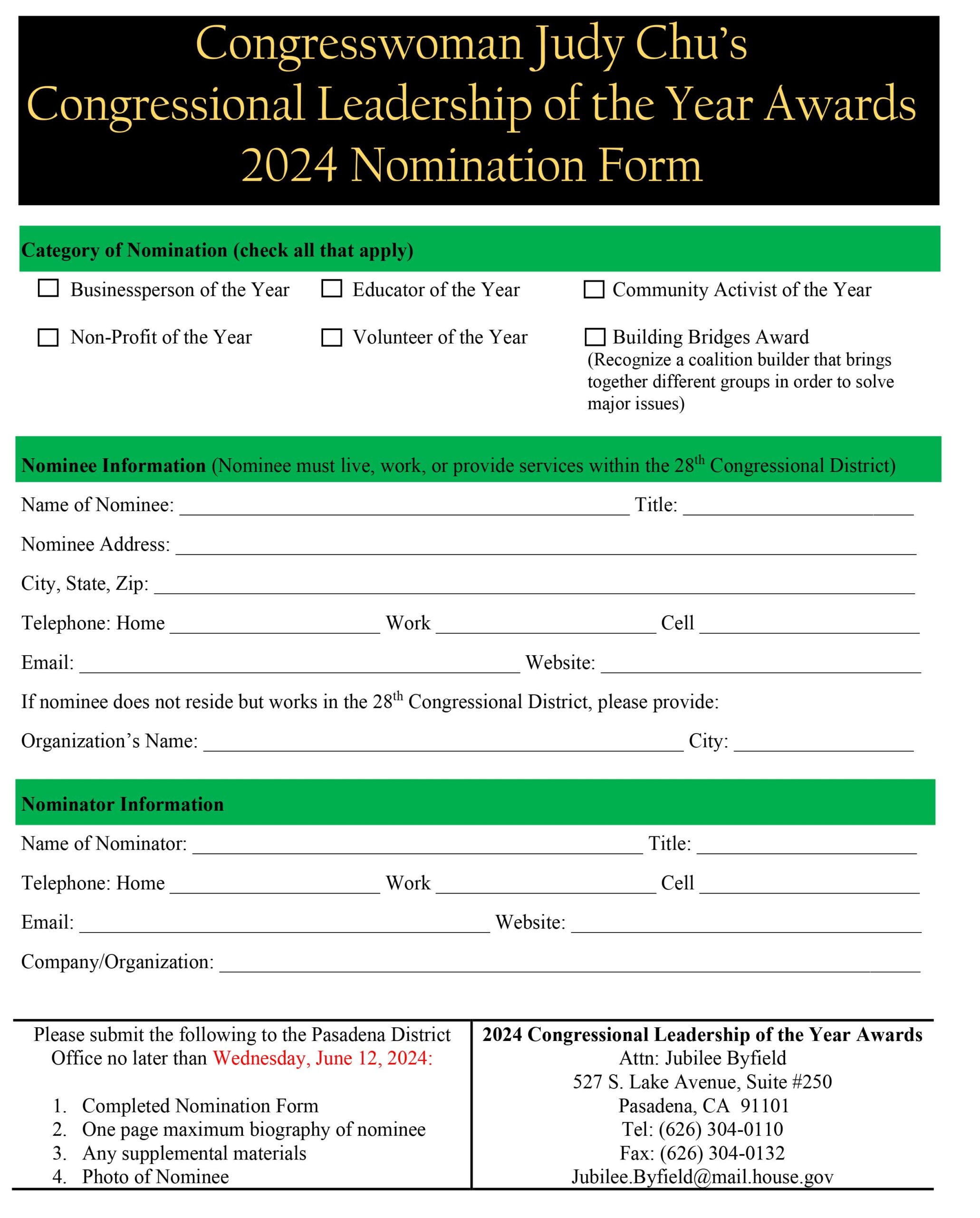 Annual Congressional Leadership Awards Ceremony nomination form