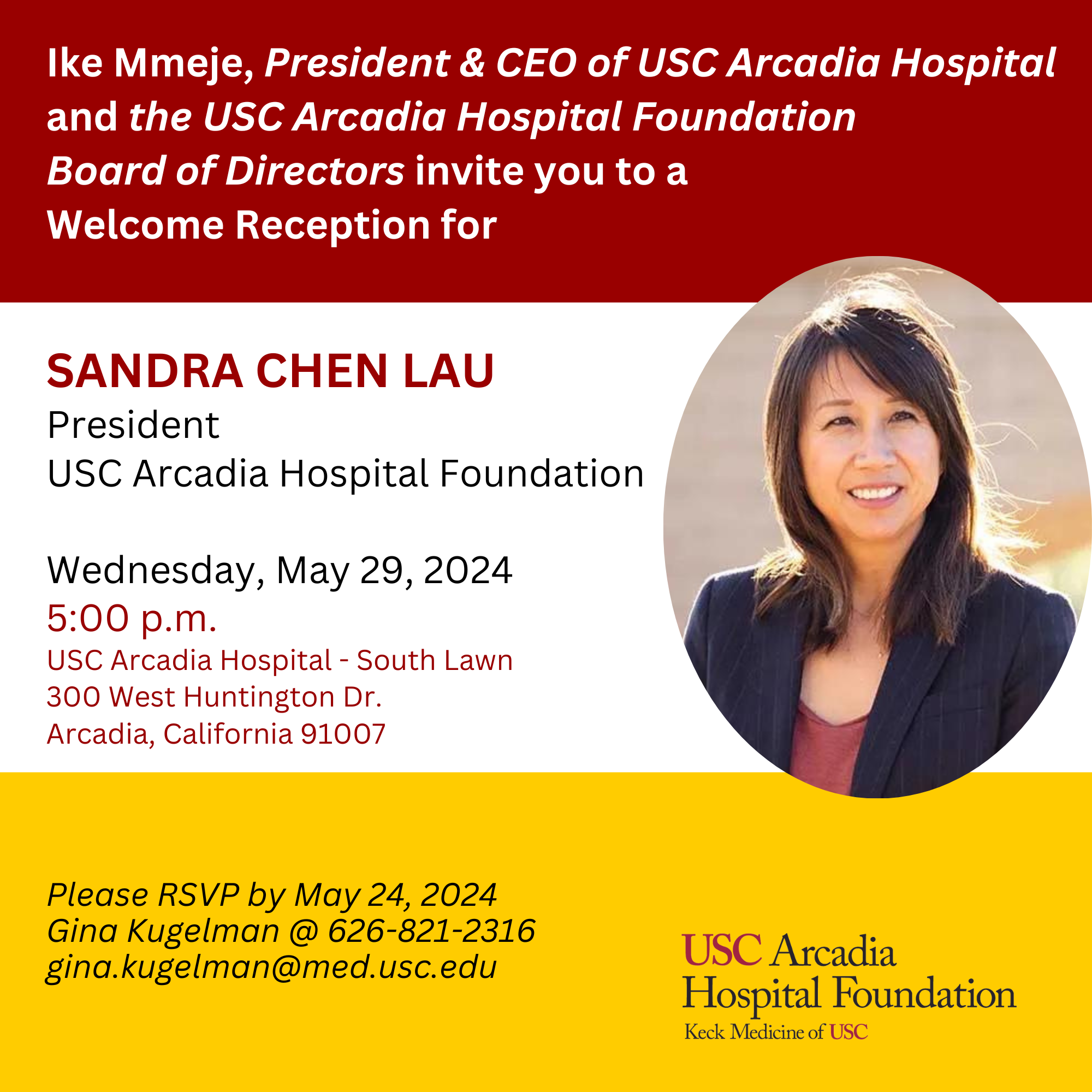 welcome reception flyer for Sandra Chen Lau for USC Hospital Foundation 