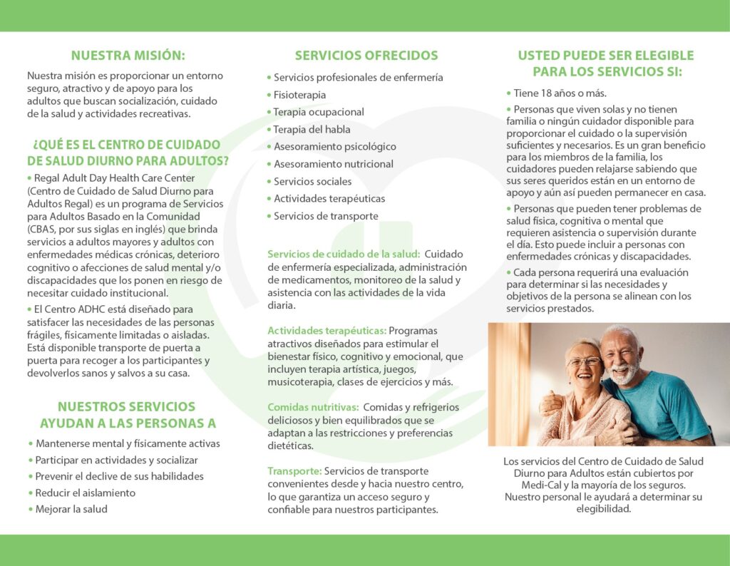 Regal Adult Day Health Care brochure in Spanish