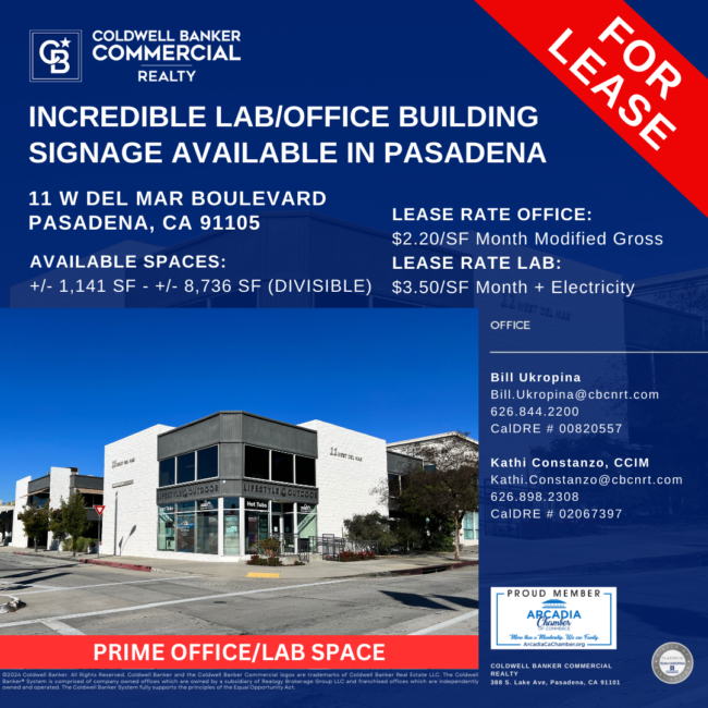 Coldwell Banker Commercial shows a corner office space available in Pasadena